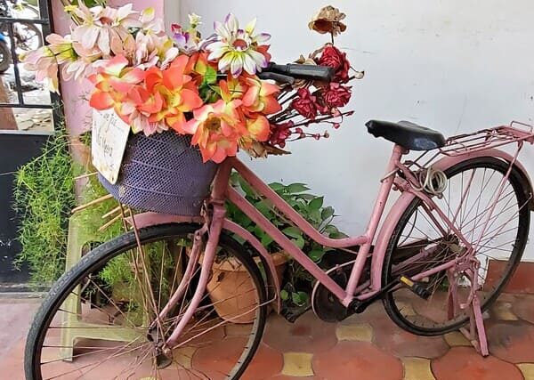 Un vélo avec des fleurs dans le panier à l'avant