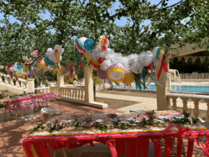 Une terrasse ombragée par une treille et des ballons gonflables pour faire la fête aux Terrasses de Valerian