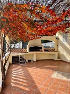 Terrasse avec un barbecue, ombragée de feuillus aux couleurs d'automne