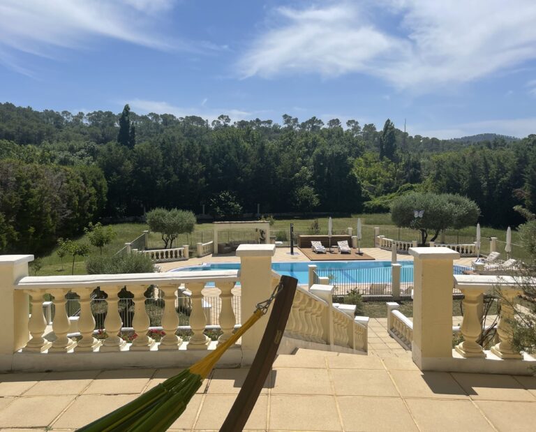 Du haut d'une terrasse avec une balustrade, on voit une piscine avec des arbres derrière