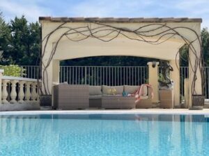 Poolhouse au bord d'une piscine orné de lianes